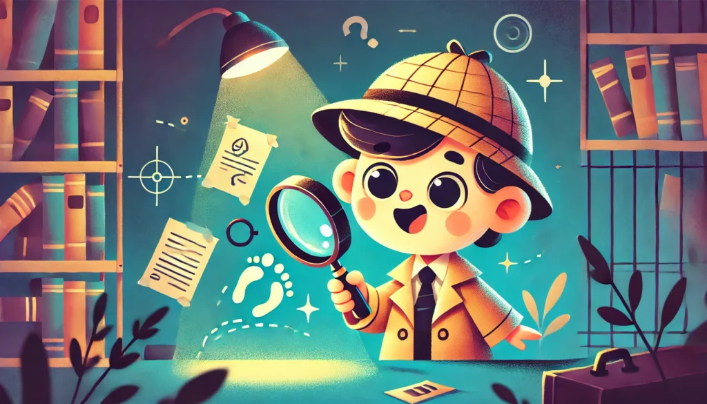 A curious child detective with a magnifying glass, solving a mystery., create featured image eider ratio