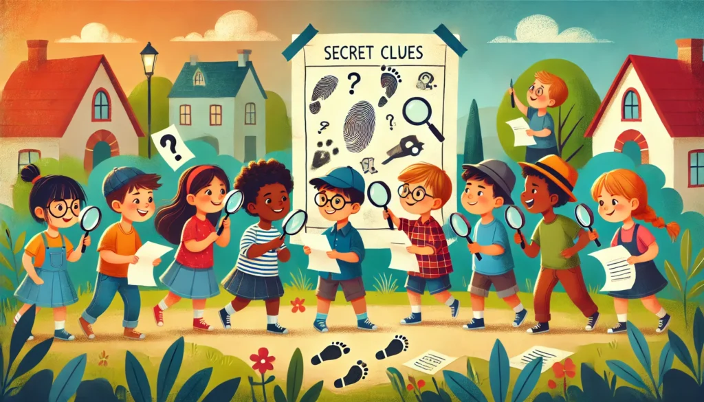 A group of children solving a mystery with clues and a magnifying glass.