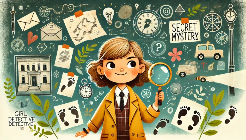 A young detective solving mysteries with a magnifying glass and clues.